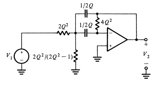 Delyiannis-Friend op-amp circuit schematic with unity gain configuration