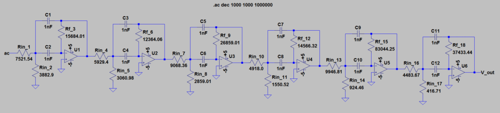 Six-stage Delyiannis-Friend bandpass filter schematic with labeled components