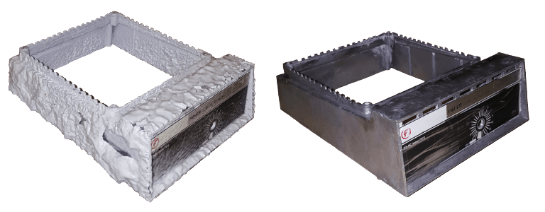 Paint stripping process showing metal case preparation