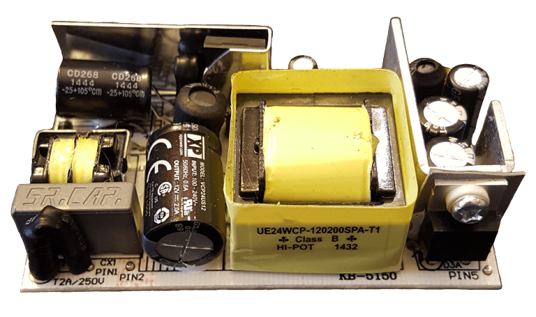AC to DC power converter wrapped in electrical tape for safety