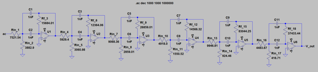 Six-stage Delyiannis-Friend bandpass filter schematic with labeled components