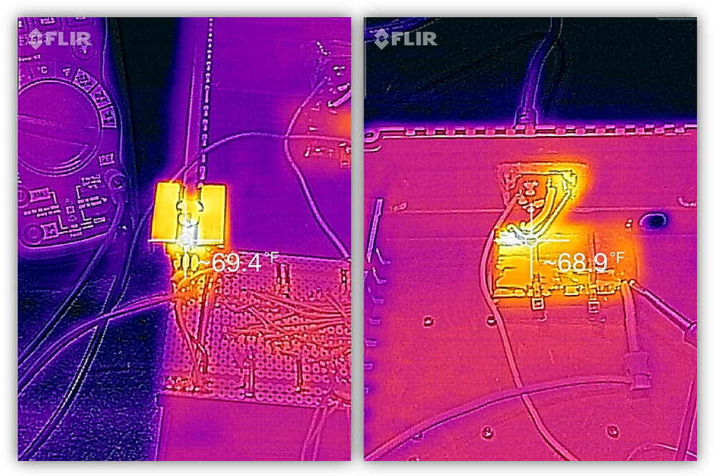 Thermal imaging of voltage regulator under load showing safe temperatures