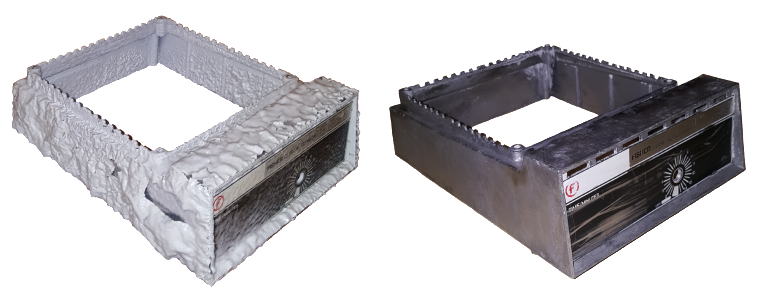 Paint stripping process showing metal case preparation