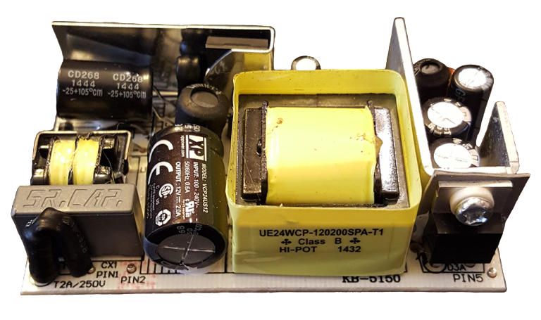 AC to DC power converter wrapped in electrical tape for safety